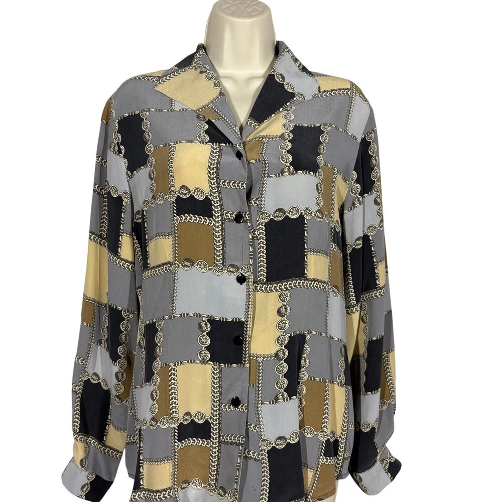 Anna & Frank Silk Long Sleeve Blouse button Down Shirt Casual Coin Print - S